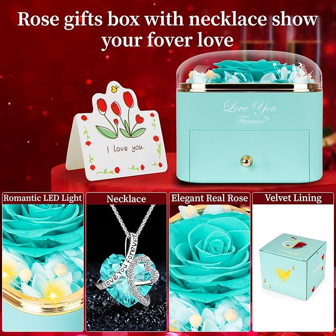 Preserved Light Blue Real Rose with Heart Necklace -Eternal Flowers Rose Birthday Gifts for Women Wife Mom Girlfriend Grandma Gifts Idea on Christmas Valentines Mothers Day for Her