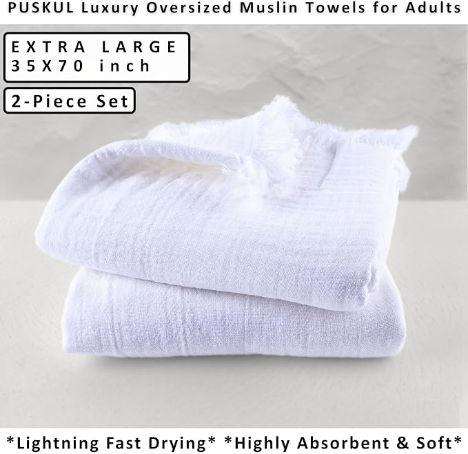 PÜSKÜL - Premium 2-Piece Oversized Muslin Bath Towel for Adult 35x70 Extra Large Bath Sheets | Natural 100% Turkish Cotton Soft Absorbent Quick-Dry Lightweight Spa & Beach Towels (Pack of 2, White)