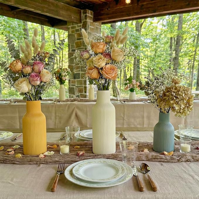 Colorful Ceramic Vases Set of 3, Colorful Ribbed Decorative Vases - Table Centerpieces for Wedding, Living Room, Office & Shelf Decor
