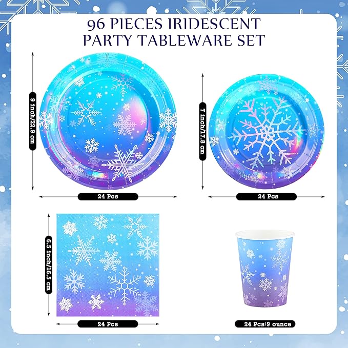 96 Pieces Frozen Iridescent Winter Snowflake Birthday Party Supplies Snowflake Tableware Set Disposable Paper Plates Cups Napkins Serve 24 Guests for Christmas Winter Wonderland Decorations