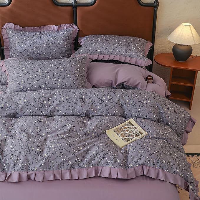 LifeTB Vintage Daisy Flower Duvet Cover Queen 100% Cotton Purple Ruffle Comforter Cover Floral Aesthetic Duvet Cover Romantic Princess Bedding Set Girls Lace Comforter Cover Queen with 2 Pillowcases