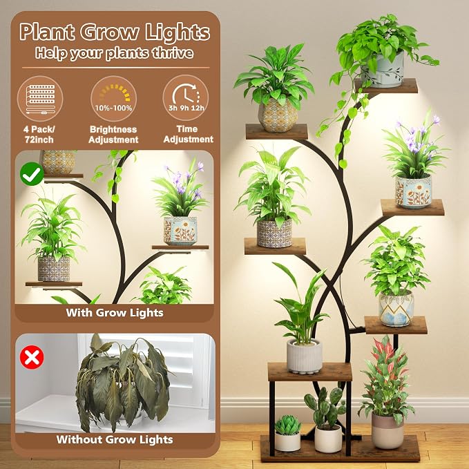HAVLOTII Indoor Plant Stand with 4 Grow Lights - 7 Tiered Plant Shelf for Indoor Plants, 52" Metal Corner Plant Shelves for Indoor Growing - Lighted Plant Holders for Patio, Room, Home and Balcony
