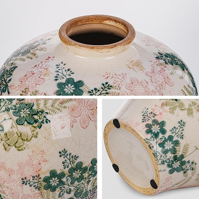 Sungmor Vintage Ceramic Flower Vase - 9.4 Inch Retro Ice Cracked Glaze Chinoiserie Vase, Rustic Farmhouse Home Décor Accent for Dried Flowers, Greenery - Table Centerpieces, Shelf, Mantel Decor