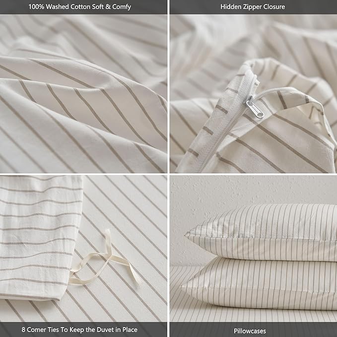 MooMee Striped Duvet Cover Set 100% Washed Cotton Linen Like Textured Breathable Durable Soft Comfy (White Tannish Linen Grey Wide Stripes, Super King 108"x98")