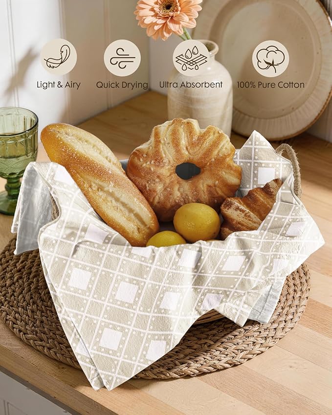 Miss Adola 2 Pack Flour Sack Kitchen Towels - 16x26 Inch Cotton Dish Towels with Hanging Loop Reusable Geometric Boho Modern Tea Towel Absorbent Dishcloths Home Decor, Beige Bohemia