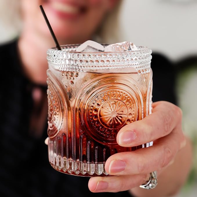Ribbed Retro Arch Floral Clear Drinking Glasses Set of 6, (10 oz) Vintage Glassware Set by Kate Aspen| Cocktail Glass Set, Juice Glass, Water Cups | Great Hostess Gift & Gift for New Home Owners