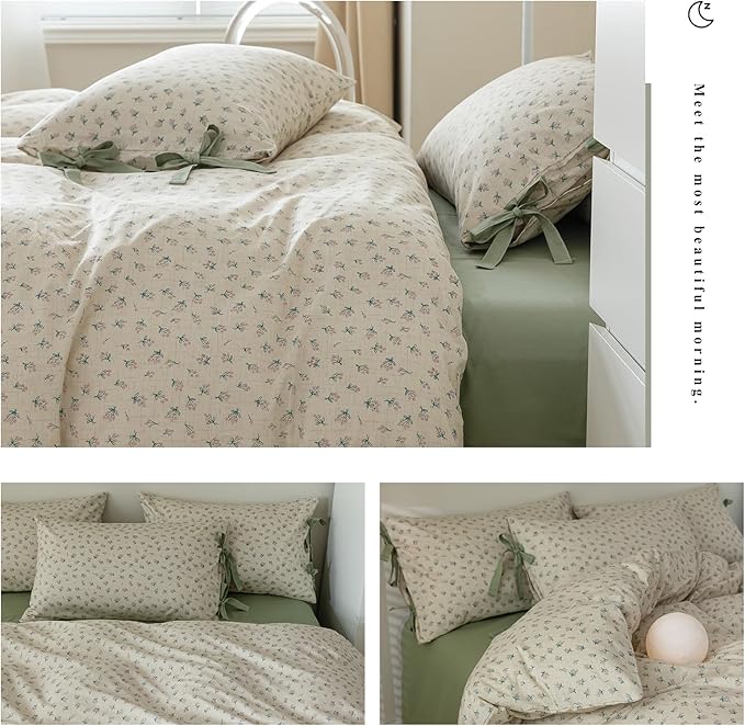 HighBuy Soft Cotton Duvet Cover Queen Girl Floral Coquette Bedding Set Boho Duvet Cover Queen with 2 Bowknot Bow Tie Pillowcases,Garden Floral Comforter Cover Coquette 3 Piece Bedding Set