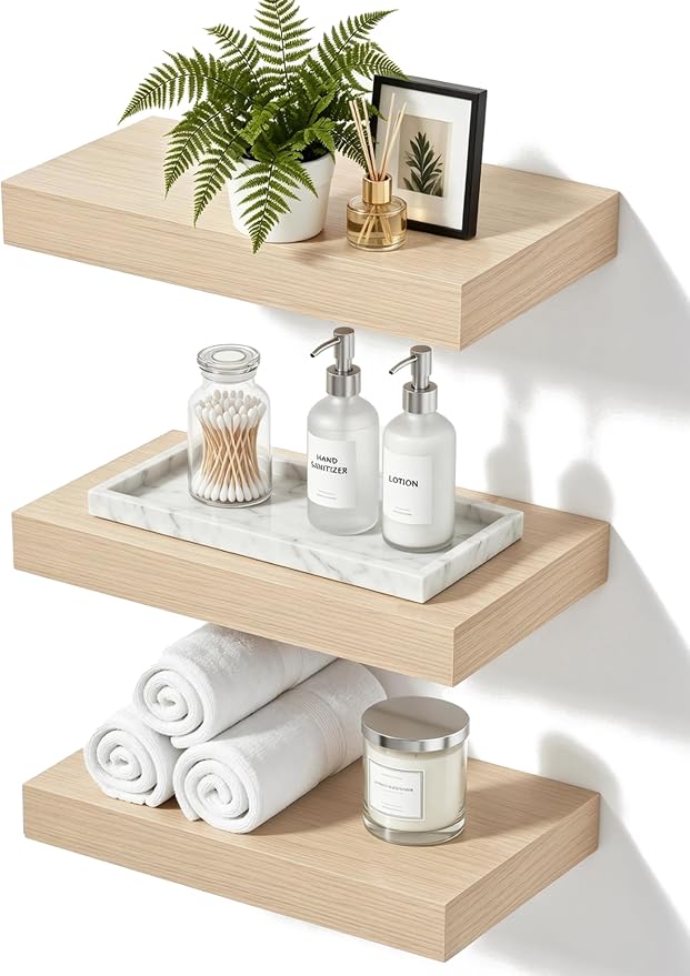 Floating Shelves, Oak Wooden Set of 3 Wall Mounted Bathroom Shelves Over Toilet, Modern Small Hanging Shelves for Bedroom Living Room Kitchen Farmhouse Home Decor, 12" x 7" x 1.5"