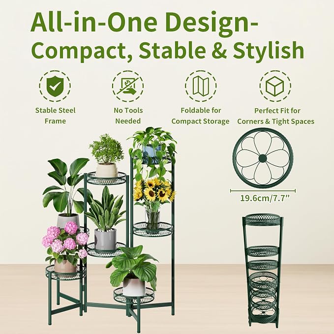 7 Tier Metal Corner Plant Stand Indoor Outdoor, Folding Tall Plant Rack, Heavy Duty Wrought Iron Flower Pot Stand, Planter Display Rack for Living Room Balcony Garden Patio - GreenFlower
