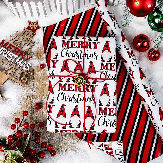 MAYPLUSS Christmas Wrapping Paper Roll, 17 Inch X 16.5 Feet Gift Wrapping Paper Featuring Gnome Merry Christmas Reversible Strip, Thick Wrap Paper for Holiday Party New Year Kids