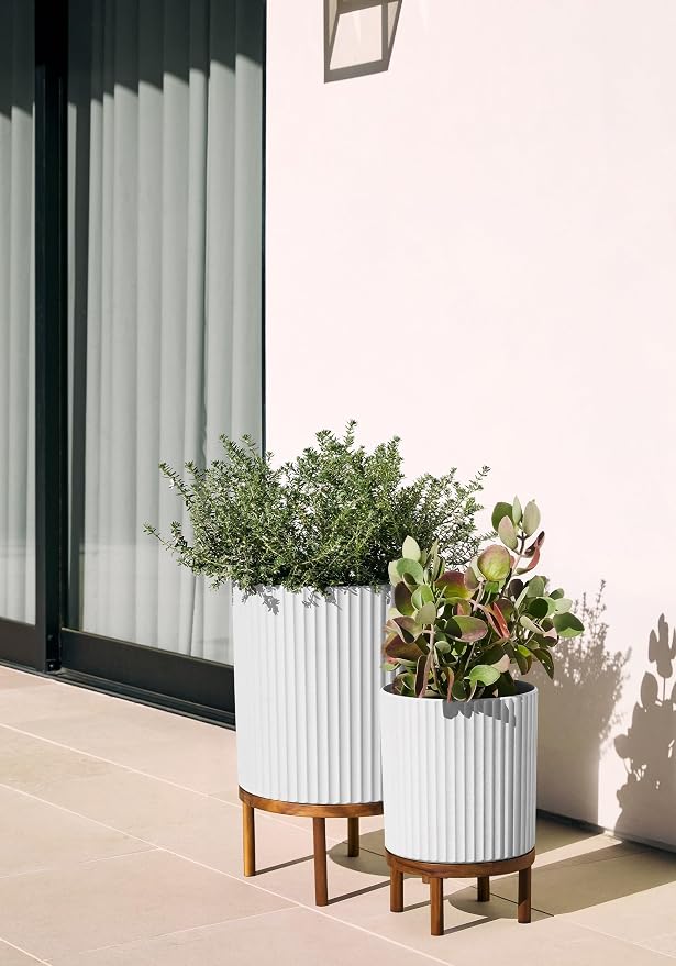 Veradek Demi Series Round Planter w/Stand for Porch/Patio | Durable Plastic-Stone Composite & Wooden Stand | Modern Décor for Tall Plants, Flowers