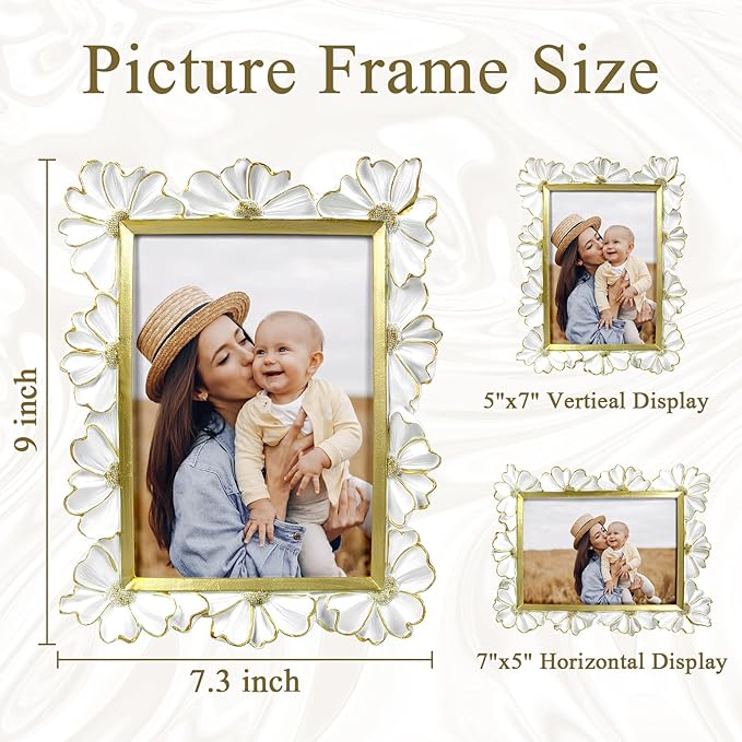 5x7 Vintage Flower Picture Frame, Ornate Antique Photo Frame with Glass Front, Elegant Picture Frame for for Wall or Tabletop Display, Gift ldeas for Home Decor (White Gold)