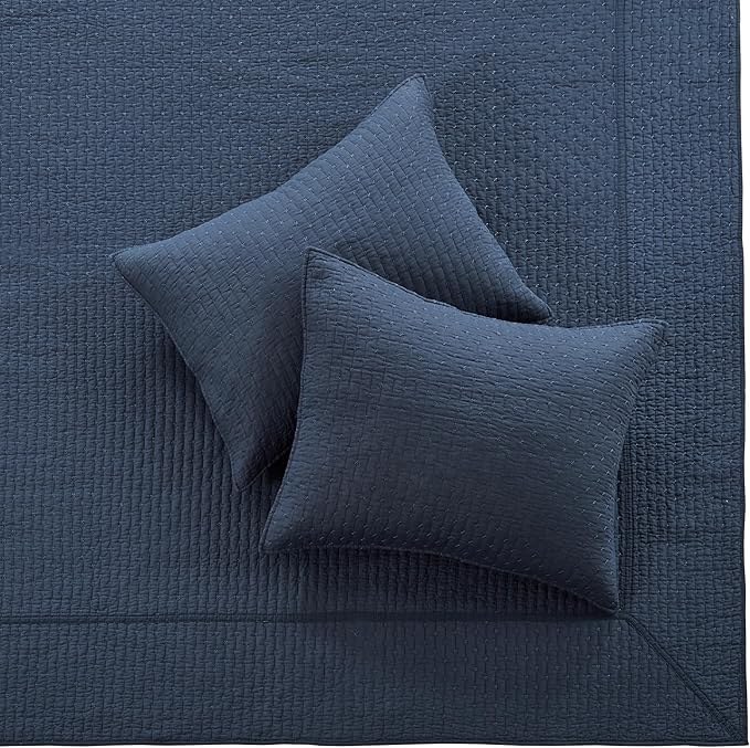 Levtex Home Cross Stitch Reversible King Bedspread Set (120x104in) with 2 Pillow Shams (36x20in) - Stitch Texture - Navy - Cotton King Size Bedspread Set - Soft, Pre-Washed