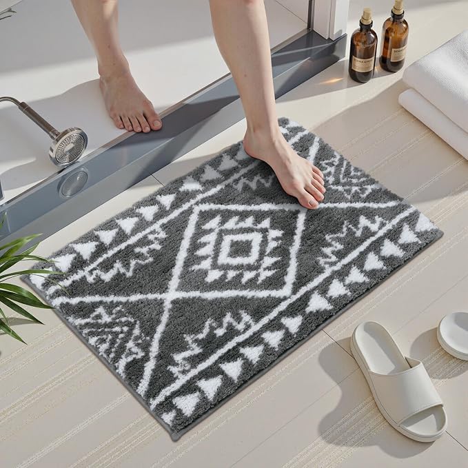 Uphome Gray Bath Mat Western Boho Bathroom Rugs Tribal Non-Slip Machine Washable Bathroom Mats Plush Soft Absorbent Farmhouse Shower Mat for Toilet Sink Tub, 18x26 inch