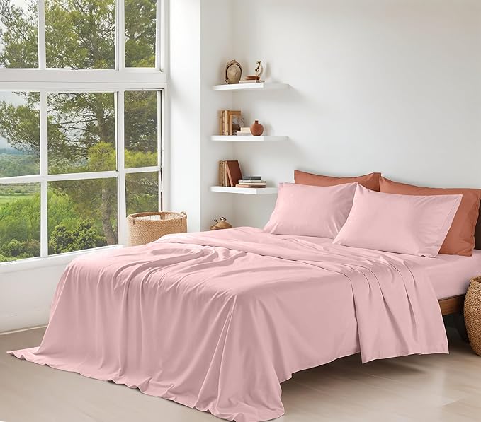 RUVANTI 100% Organic Cotton Sheets Queen Size, Percale Weave, GOTS Certified, 4-Piece Set, Deep Pocket 15", Crisp & Breathable, Soft Durable Bedding, Sábanas Algodón Orgánico –Peach Skin