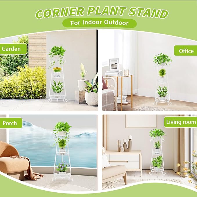 KMOTASUO 3 Tier Metal Plant Stand for Multiple Large Planters Indoor Outdoor Organizer, Heavy Duty Tall Flower Rack for Corner Patio Bathroom Office Corner, Modern Sturdy Vertical Iron Rack, White