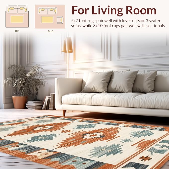 Flatwoven High Traffic Area Rug 5x7, Southwestern Horizon Vista, Non Slip, Stain Resistant, Washable Area Rugs for Living Room, Bedroom (Orange, 5x7)