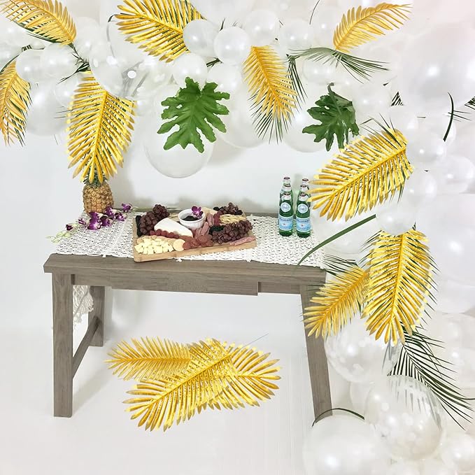 CCINEE 12 PCS Golden Artificial Palm Leaves, Assorted Sizes Faux Large Palm Fronds Fake Tropical Plant Simulation Safari Leaves with Stems for Home Hawaiian Luau Party Jungle Beach Theme Party