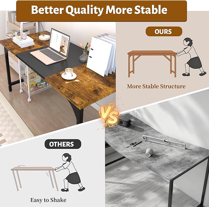 55inch Computer Desk with Deeper Carbon Fiber Desktop, Gaming Office Desk with Sturdy Metal Frame,Home Office Desk for Gaming, Working, Studying, Rustic Brown