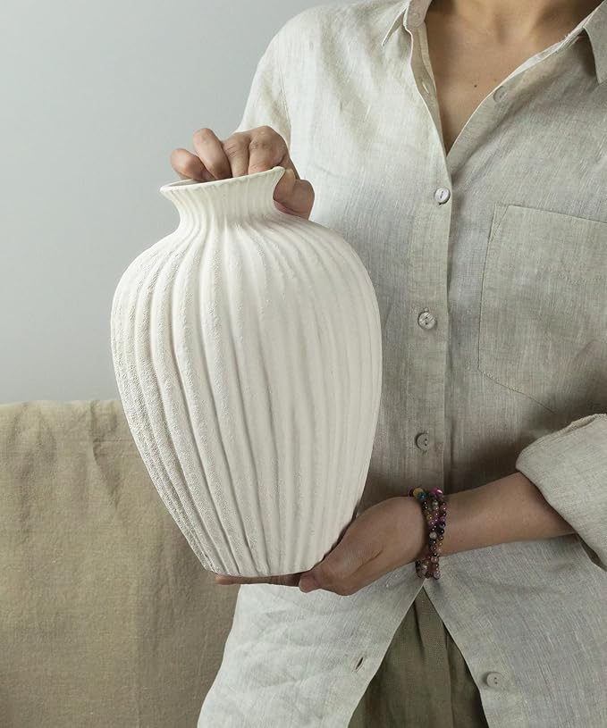 Handmade Ceramic Decorative Vase – Warm White Rustic Textured 10.4” Round Vase with Irregular Waves and Weathered Stone Finish for Home, Office, Farmhouse Decor