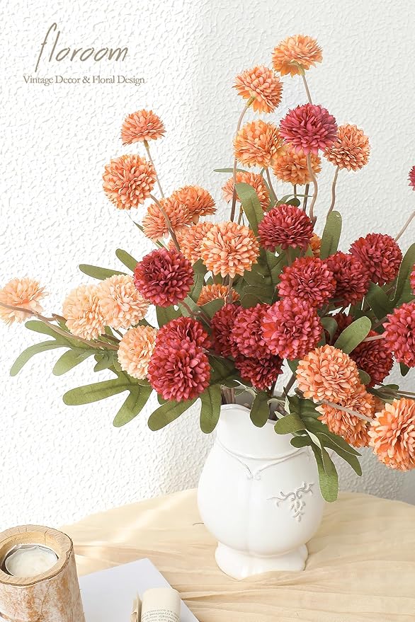 Floroom 9pcs Dark Red Burnt Orange Mix Faux Silk Mums Artificial Flowers, Bulk Fake Small Mini Chrysanthemums with Stems for DIY Wedding Centerpieces Floral Arrangements Vase Fillers Home Decorations