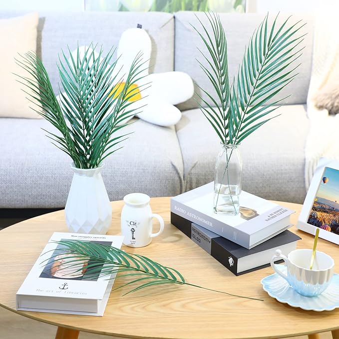 CCINEE 16 PCS Artificial Palm Leaves, Faux Large Palm Fronds Fake Tropical Plant Simulation Safari Leaves with Stems for Home Hawaiian Luau Party Jungle Beach Theme Party Decoration