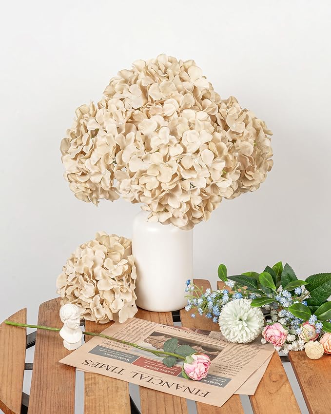 DuHouse 8.7" Silk Hydrangea Flower Heads with Stems Fake Hydrangeas Flowers for DIY Wedding Centerpiece Home Decor, Pack of 6(Sand)