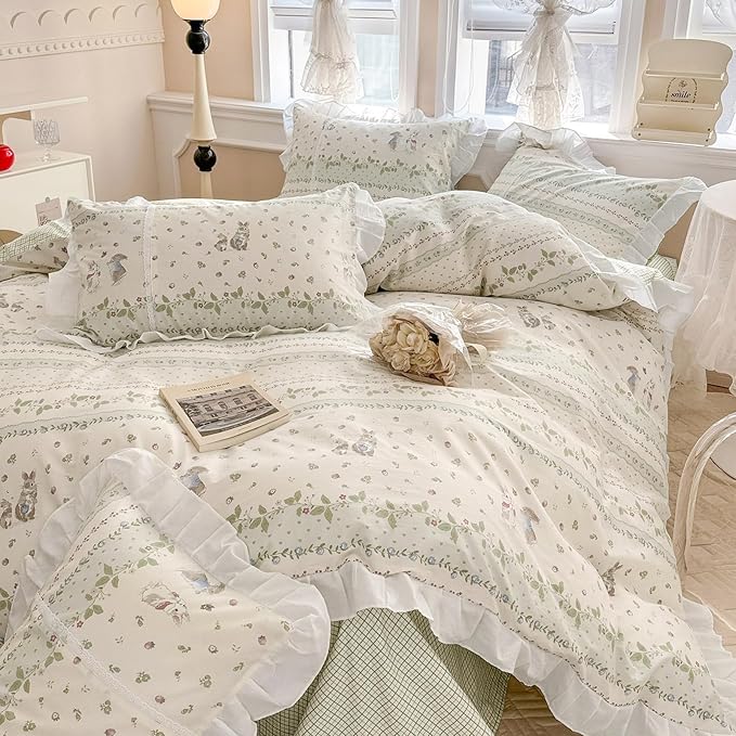 VM VOUGEMARKET Twin Comforter Set with Flower Green Leaves Prints White Ruffle Bedding Down Comforter with 2 Pillow Shams Cute Rabbit Comforter Set for Kids(3pcs,Twin XL)