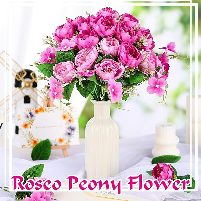 Olgaa 12 Bundles Peonies Artificial Flowers Fake Peony Bouquet Faux Peonies Flowers Bulk with Stems Flower Balls for Centerpiece Table Decorations Wedding Bridal Floral Arrangement (Rose Red)