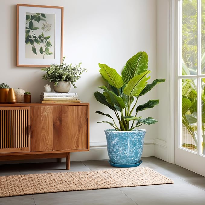 12 Inch Pots for Plants - Ceramic Planter with Drainage Hole and Saucer, Round Large Plant Pot for Indoor Outdoor, Modern Decorative Planters, Home Apartment Decor, House Warming Gift, Blue