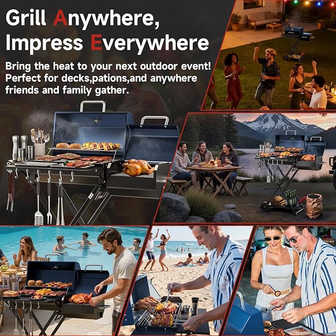 kscocinaBBQ Portable Charcoal Grill with Smoking Function, Foldable Suitcase Design with Wheels, Multi-Tier Storage Rack & Waterproof Cover for Outdoor BBQ Parties (Blue)