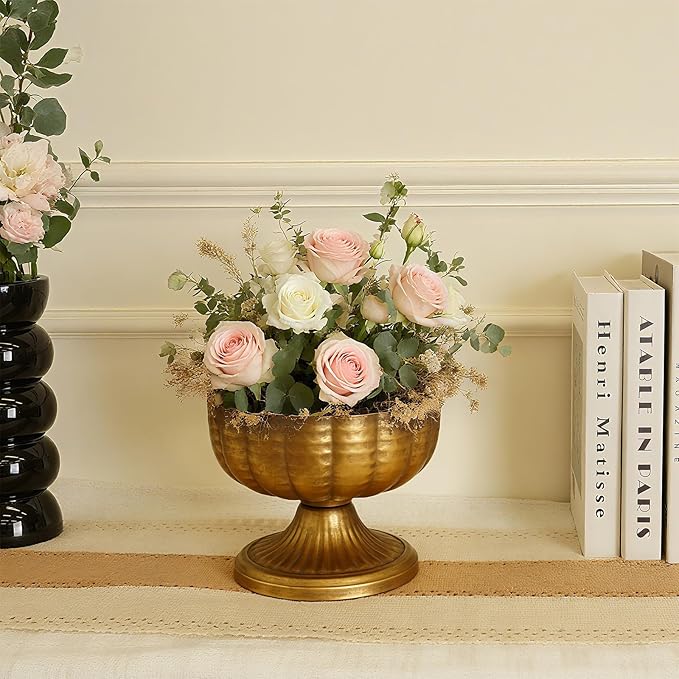 Retro Gold Vases for Centerpieces Set of 8 Brass Metal Vases for Flowers Decorative Pedestal Bowl for Table Centerpieces Floral Arrangments on Housewarming Wedding Party