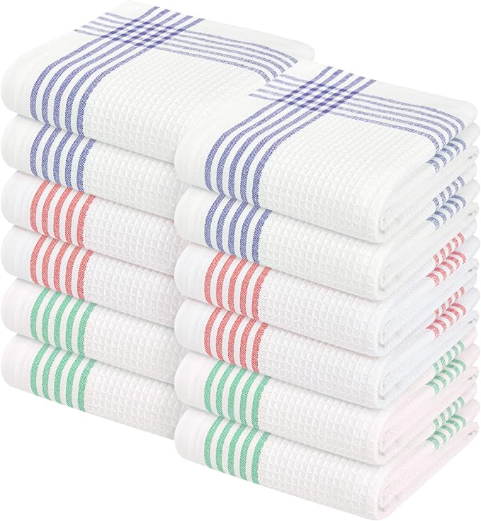 Waffle White & Multi Colors Kitchen Towels Set of 12, 100% Cotton, 16x26 inches, Durable Dish Towel, Quick Dry Dishcloths, Ideal for Drying, Wiping - Indigo Blue, Red, Dark Green