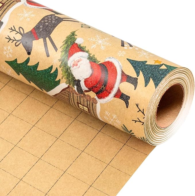 MAYPLUSS Christmas Wrapping Paper Roll - 17IN X 33FT - Kraft Gift Wrapping Paper Featuring Cute Santa Claus Christmas Tree Flower Reindeer Snowflake Reversible Cut Lines for Kids, Holiday, New Year