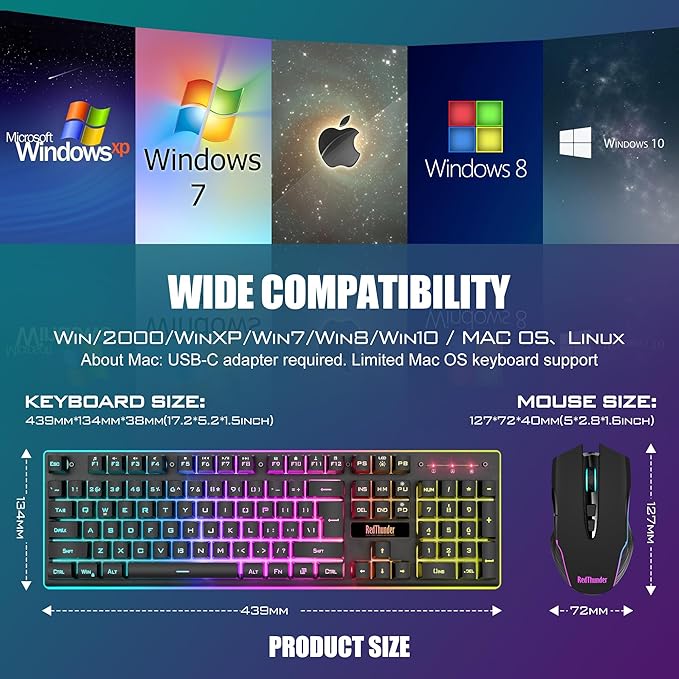 RedThunder K10 Wireless Gaming Keyboard and Mouse Combo, RGB Backlight Rechargeable 3800mAh Battery, 26-Key Anti-ghosting Keyboard + 7D 3200DPI Mice for PC Gamer