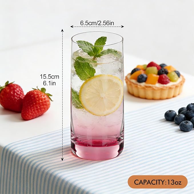 Pink Highball Glasses Set of 6,13oz Pink Drinking Glass Cups for Mixed Drink Cocktail, Beer, Mojito, Water and Juice,Thick Tall Crystal Glassware for Kitchen, Restaurant, Home Bar and Parties