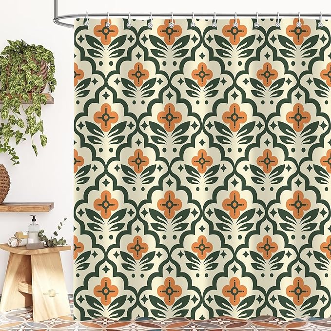 Vintage Boho Floral Shower Curtain，Mid Century Modern Abstract Orange Green Bathroom Curtain，Polyester Fabric Waterproof Bath Curtains 72x78 Inch with 12 Hooks
