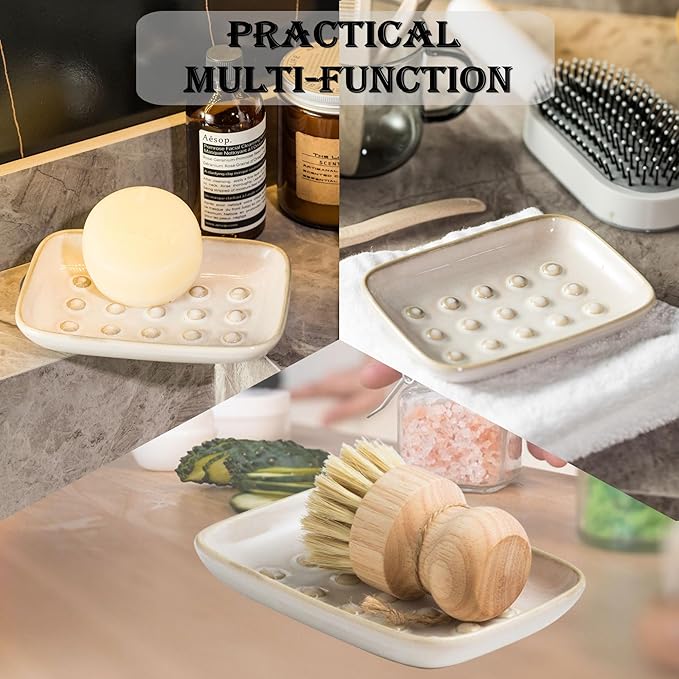Miamolo Soap Dish for Shower, Ceramic Soap Dish Non-Slip Soap Holder Bar Saver Tray for Bathroom Kitchen Sink, Floating Point Design Save Soap Loss