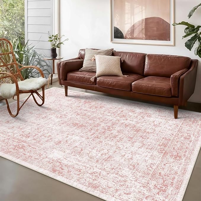 4x6 Rug, Small Area Rug for Living Room, Bedroom, Kitchen, Machine Washable Non-Slip Throw Rug, Vintage Distressed Floral Carpet for Entryway Nursery Dinner Room - Durable (Pink)