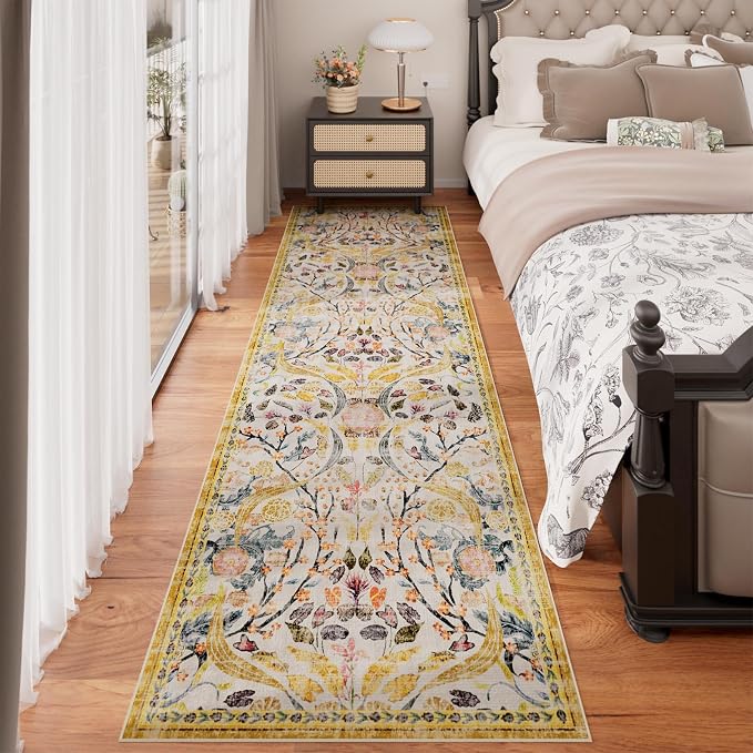 AMTOVO 2.7x8 Runner Entryway Rug for Hallway, Washable Non-Slip Long Kitchen Carpet, Floral Vintage Distressed Floor Mat for Hallways Bathroom Laundry Room Farmhouse, Golden Yellow