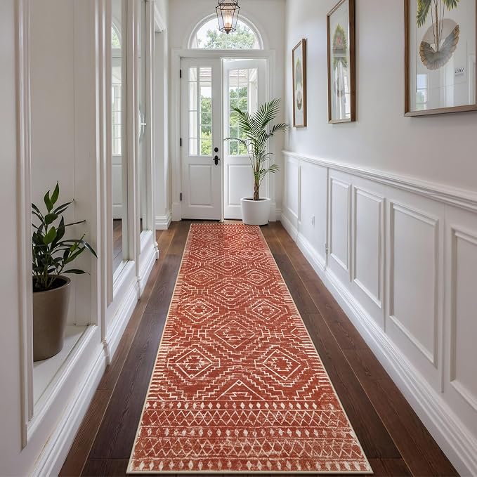 Wonnitar Moroccan Runner Rug, Washable 2'6"x10' Long Runner Rug for Hallway, Boho Farmhouse Non-Skid Kitchen Bathroom Runner Soft Low Pile Carpet for Entryway Laundry Living Room (Brown,2'6"x10')