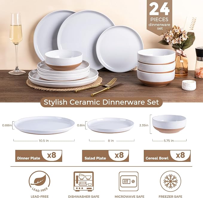 AmorArc Ceramic Dinnerware Sets for 8, 24 Pieces Handpainted Plates and Bowls Set with Rustic Terracotta Underside, Scratch Resistant Stoneware Dishes Set, Dishwasher & Microwave Safe, White
