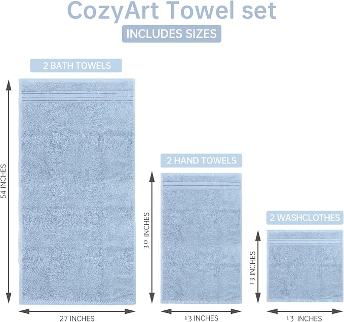 COZYART Light Blue Towels Set for Bathroom 3Pcs, Turkish Cotton Bath Towels Sets for Bathroom Soft Highly Absorbent 650 GSM with 1 Bath Towel, 1 Hand Towel, 1 Washclothe