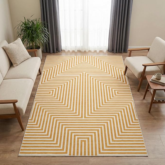 6x9 Modern Abstract Washable Area Rugs for Living Room Low Pile Modern Geometric Rug Non Slip Dining Room Carpet Low Pile Indoor Rug for Office Dorm Classroom Kids Room, Orange Yellow