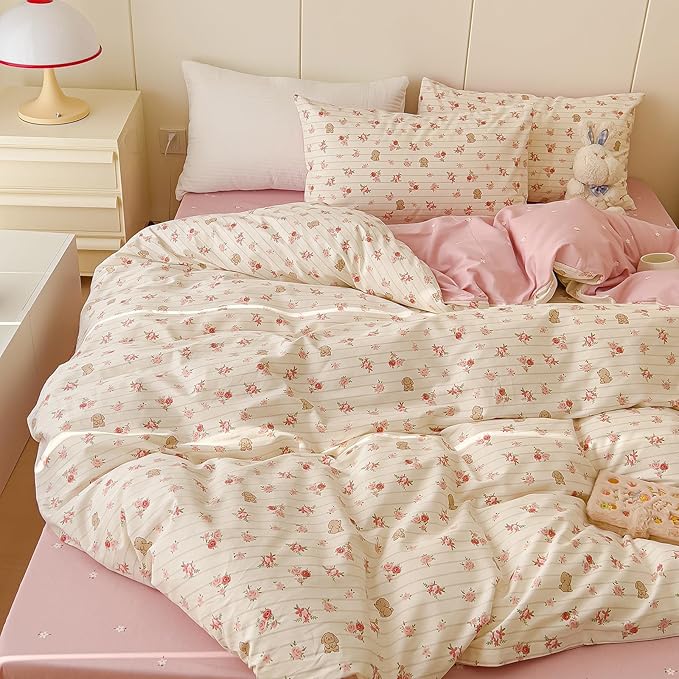 AOJIM Soft Cotton Duvet Cover Queen Size, 1 Comforter Cover 90x90 Inches with Zipper Closure and 2 Pillowcases, Kids Adults Queen Duvet Cover Set for Room Decor (No Comforter), Floral and Rabbit, Pink