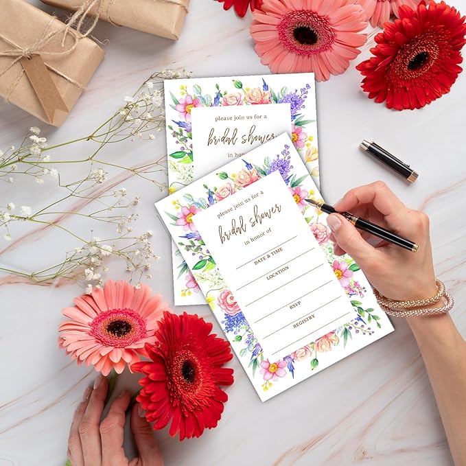 Boho Bridal Shower Invitations, Wildflowers Invites with Envelopes, 4x6 Set of 25 Invite Card for Wedding Shower, Newlyweds, Party Favor & Decorations-A05