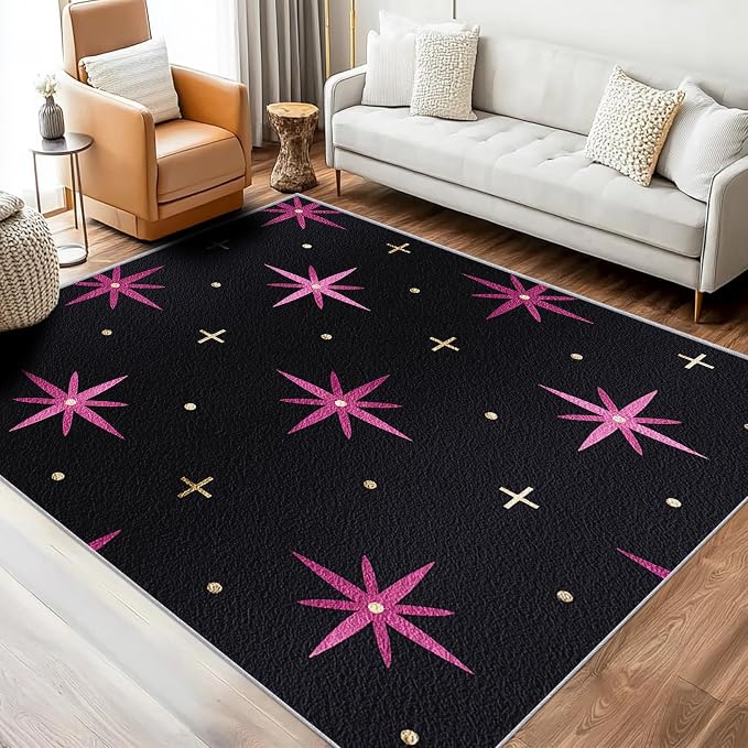 Atomic Rugs 7x9, Mid Century Modern Retro Washable 7 x 9 Area Rug for Living Room, Bedroom, Low Pile Non Slip Stain Resistant Carpet, Atomic Starburst Home Decor Accessories & M858