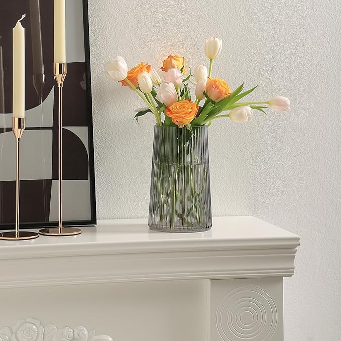 Black Glass Vase for Flower, Flower Vase for Bouquet, Modern Glass Vases, Ribbed Vases for Living Room, Bedroom, Dining Table, Office, Wedding, Centerpieces, 8 Inches