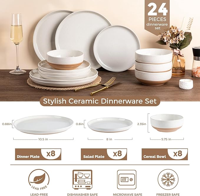 AmorArc Ceramic Dinnerware Sets for 8, 24 Pieces Handpainted Plates and Bowls Set with Rustic Terracotta Underside, Scratch Resistant Stoneware Dishes Set, Dishwasher & Microwave Safe, Light Beige