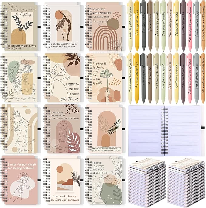 Kosiz 48 Pcs/24 Set Positive Affirmation Gifts Gratitude Spiral Notebooks with Pens Motivational Encouragement Notepads Daily Affirmations Journal for Women Valentine Galentine Gifts (Abstract)